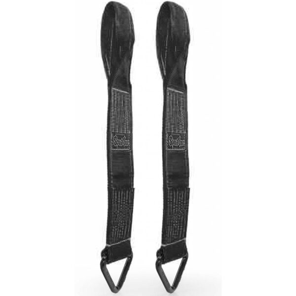 The Spud Power Rack Savers are black lifting wrist straps with loops at one end and triangular rings at the other, featuring printed text and logo designs.