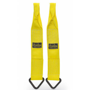 Two yellow Spud Power Rack Savers feature black triangular rings at the bottom and display the Spud Inc logo in black and white on a white background.