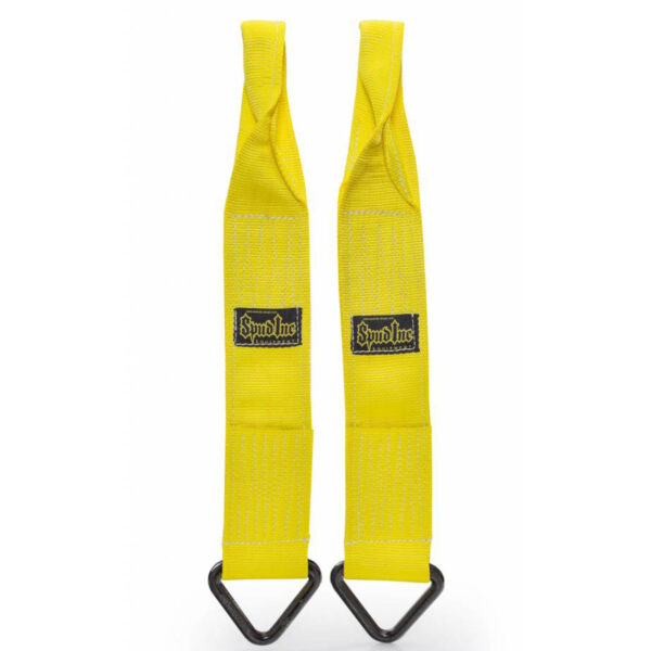 Two yellow Spud Power Rack Savers feature black triangular rings at the bottom and display the Spud Inc logo in black and white on a white background.