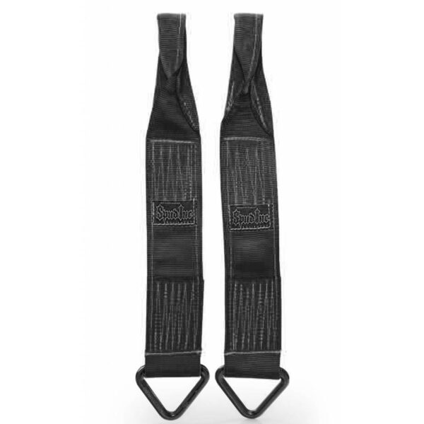 A pair of Spud Power Rack Savers, black nylon hanging ab straps featuring reinforced stitching, metal triangle loops at the bottom, and a Spud Inc logo.
