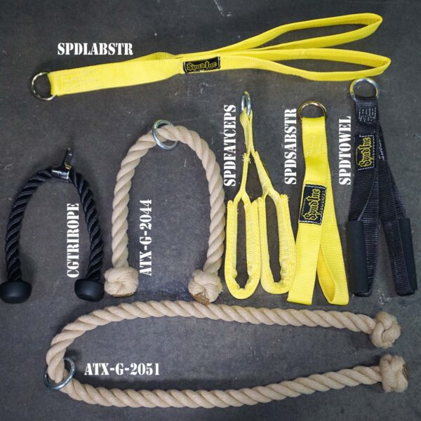 A variety of workout ropes and straps, including the Spud Inc Safety Squat Bar Strap and models like SPD LABSTR, CGT ROPE, ATX-G-2044, and ATX-G-2051, are displayed on a gray surface.