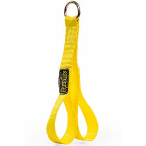 A vibrant yellow nylon safety squat bar strap from Spud Inc, featuring a metal ring and a black label with the brand logo, is positioned upright against a white background.