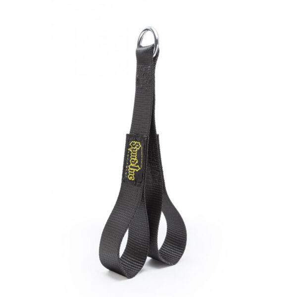 The Spud Inc Safety Squat Bar Strap, featuring a metal loop and yellow logo tag, is shown upright against a white background.