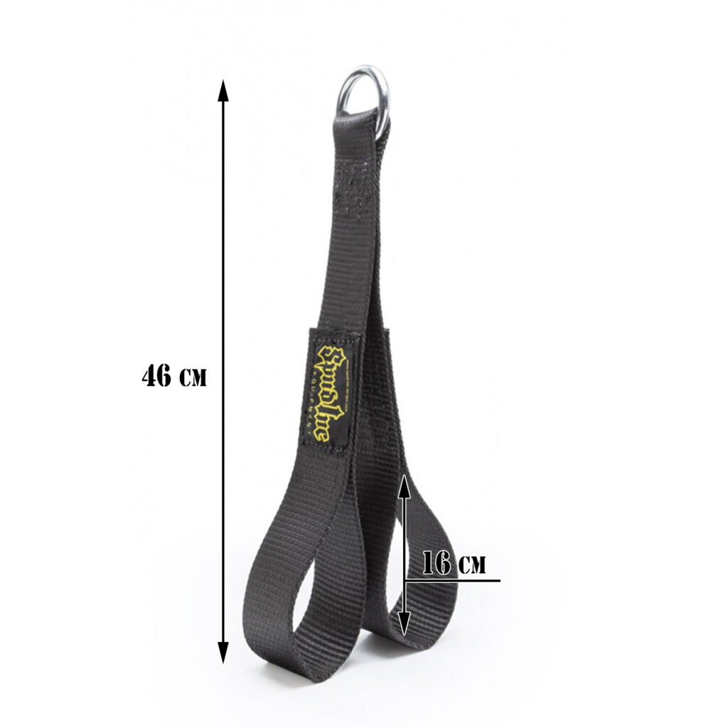 The Spud Inc Safety Squat Bar Strap is displayed in black with two loops and a top metal ring, measuring 46 cm long with 16 cm loops. The strap features a yellow Spud Inc logo.