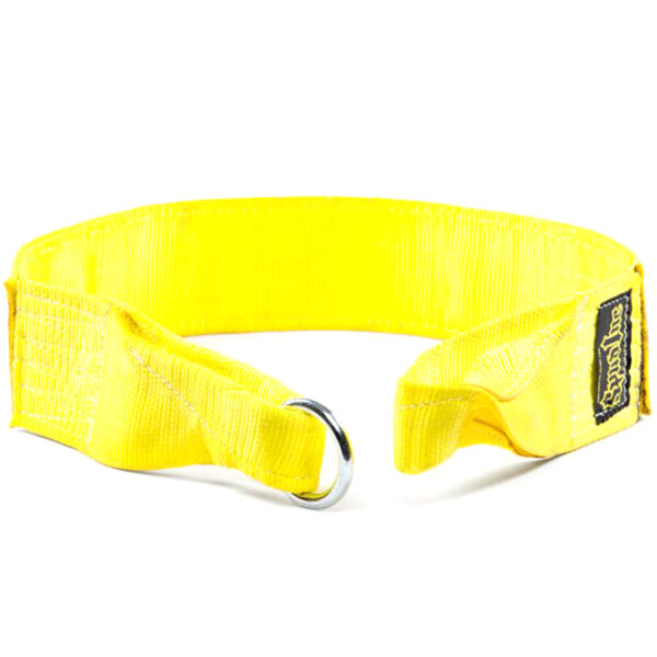 The Spud Inc Sled Pulling Belt is vibrant yellow with a metal D-ring, a side release buckle, and reinforced black stitching.