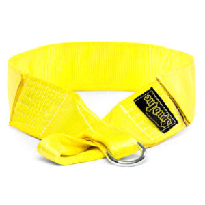 The Spud Inc Sled Pulling Belt is a bright yellow, adjustable belt with a metal ring and a small black fabric tag featuring white text. Made from durable, woven material, its ideal for various activities.