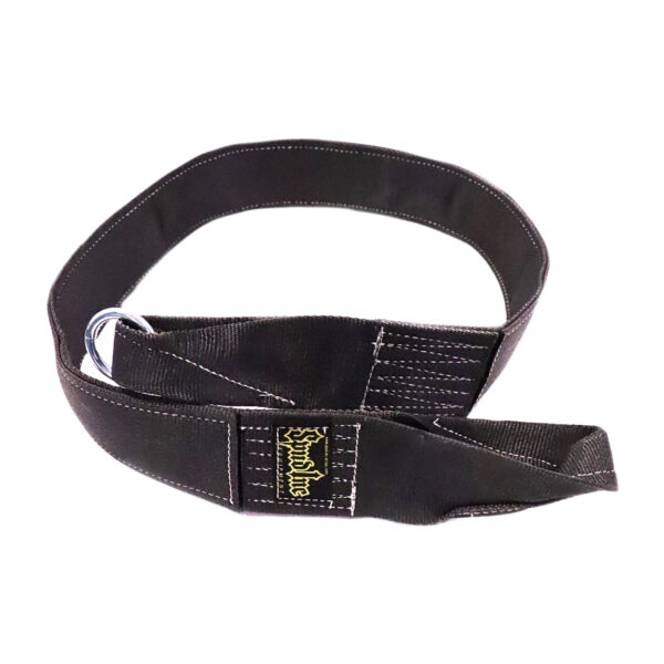 The Spud Inc Sled Pulling Belt, featuring a metal D-ring buckle and yellow embroidered logo near the buckle, is coiled on a white background.
