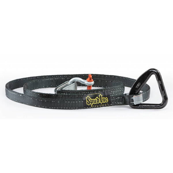 The Spud Inc Sled Attachment Strap, black with a yellow embroidered logo on the webbing, features a triangular carabiner at its end and is coiled in a circle.