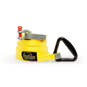 The Spud Inc Sled Attachment Strap is a neatly coiled yellow tow strap with a metal shackle featuring a red pin, and it has a black triangular hook at the end. The strap also displays a black and yellow logo.