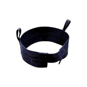 The Spud Inc Sled Pulling Belt is a sturdy black circular band with two small loops, ideal for securing or holding objects.