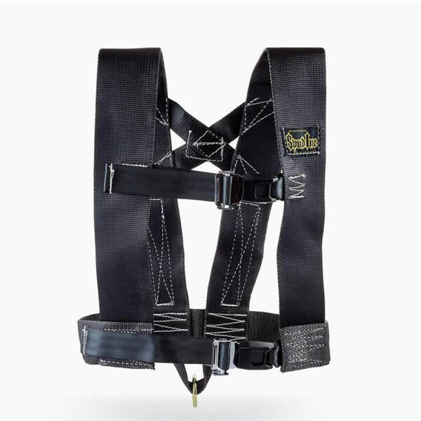 The Spud Inc Strongman Harness, a black safety harness with adjustable straps, buckles, reinforced stitching, and a top-right label, is displayed on a plain white background.