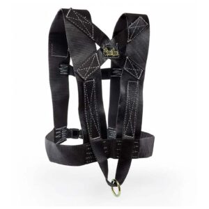 The Spud Inc Strongman Harness, in black, features adjustable straps and metal buckles for safety. It showcases detailed stitching and a brand label in yellow and white.