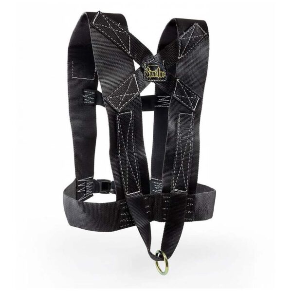 The Spud Inc Strongman Harness, in black, features adjustable straps and metal buckles for safety. It showcases detailed stitching and a brand label in yellow and white.