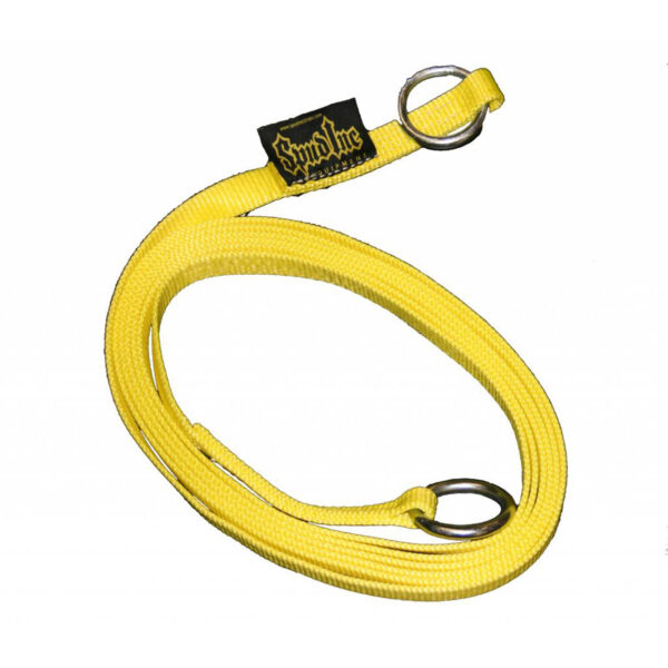 The Spud Inc Strongman Harness is a bright yellow padded lanyard with metal rings at both ends, featuring a small black tag with yellow text, coiled in a circular shape on a white background.