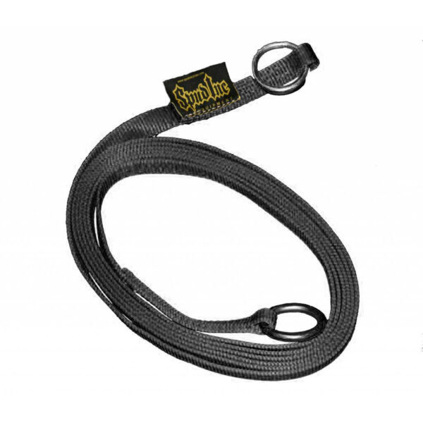 The Spud Inc Strongman Harness features a coiled black lanyard with a metal clip on one end, a fabric loop on the other, and is branded with a yellow logo on a black tag.