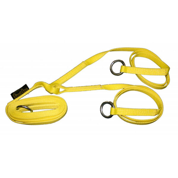 The Spud Inc Strongman Harness in yellow features adjustable straps with metal rings, designed for yoga or fitness. It is neatly coiled on a white background.
