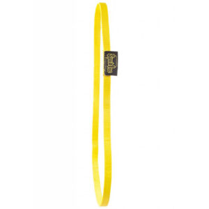 The Spud Inc Strongman Harness is a yellow webbing looped strap with a black tag featuring a yellow logo, designed for climbing and other outdoor activities.