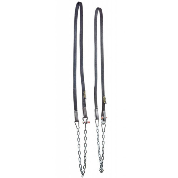 Two black swing seat chains with metal links and connectors, designed for playground use. They attach to flexible nylon straps, offering robust securement for swing sets.