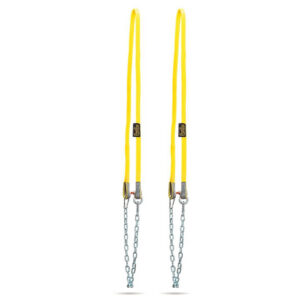 The Spud Inc Strongman Harness features two bright yellow lifting slings displayed vertically, each with a top loop for securing. The metal chains linked at the bottom are designed for heavy lifting applications.