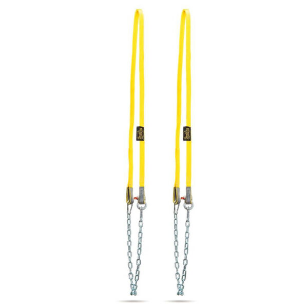 The Spud Inc Strongman Harness features two bright yellow lifting slings displayed vertically, each with a top loop for securing. The metal chains linked at the bottom are designed for heavy lifting applications.