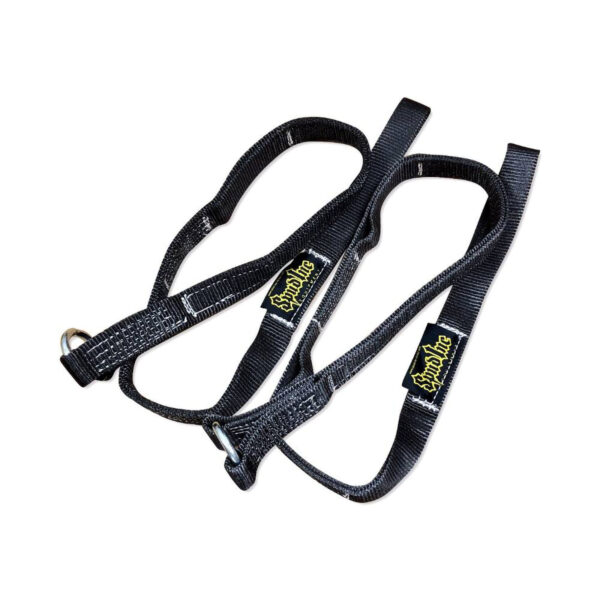 A pair of Spud Inc Swing Set Straps in black nylon, featuring metal rings and yellow logos.