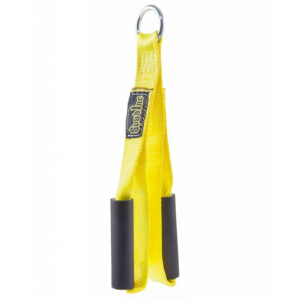 The Spud Inc Bodybuilder Towel Strap is a yellow nylon lifting strap featuring black padded grips and a metal ring at the top, crafted to assist with weightlifting exercises.