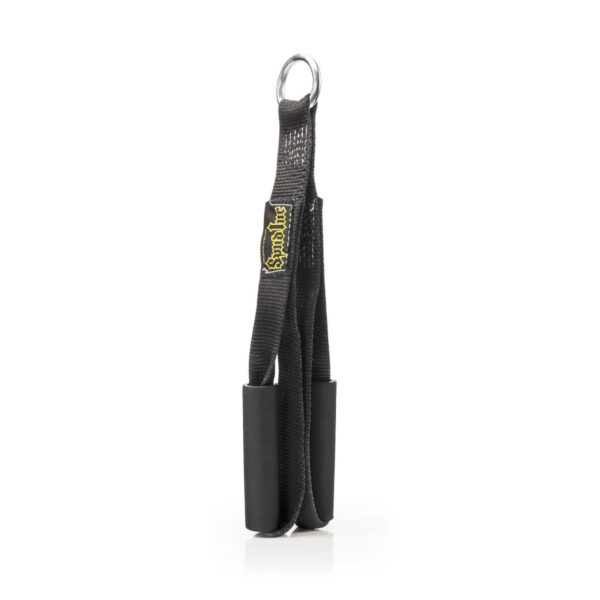 The Spud Inc Bodybuilder Towel Strap is a black hand exerciser featuring padded handles and a metal ring at the top for grip strength training, displayed upright on a white background.