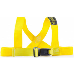 The Spud Inc Track Harness is a bright yellow dog harness with adjustable straps, a crisscross design, and a black buckle. It includes a black patch with white text on one strap.