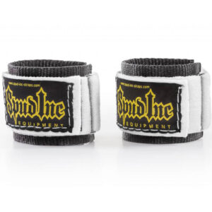 Two Spud Velcro Wrist Wraps, black and white with a yellow Spud Inc Equipment logo on a black patch, designed for weightlifting. Theyre displayed upright on a white background.