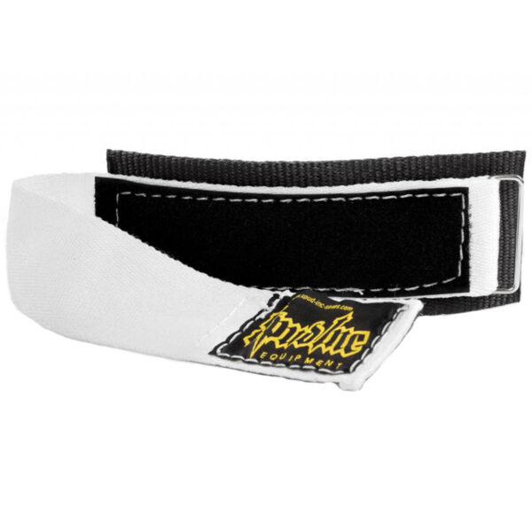 A close-up of Spud Velcro Wrist Wraps, featuring a white and black design with reinforced stitching, adjustable black Velcro fastening, and a yellow logo label that reads Pride Equipment.