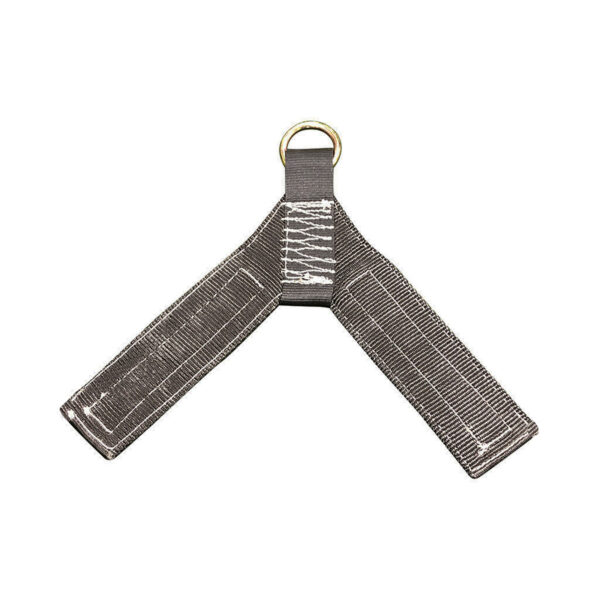The Spud Inc Track Harness, displayed on a plain white background, is a gray nylon lifting strap with two loops and a metal ring at the top, forming a Y-shape.