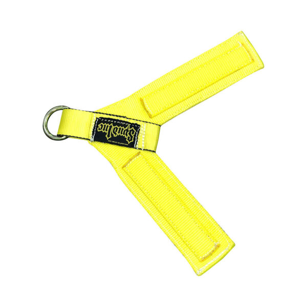 The Spud Inc Track Harness is a bright yellow nylon dog harness with a black logo patch at the center. It features adjustable straps, a metal ring for leash attachment, and forms a Y shape, all set against a white background.