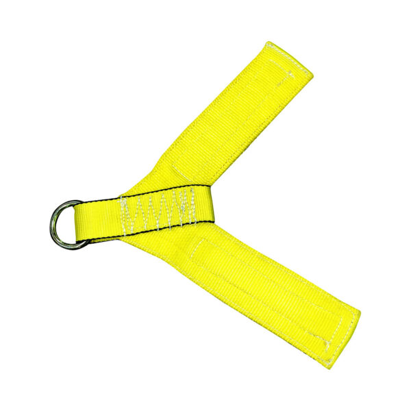 The Spud Inc Track Harness features a vibrant yellow nylon with a metal D-ring on top, forming a Y-shape. Stitched reinforcement at the intersection enhances its strength and durability.
