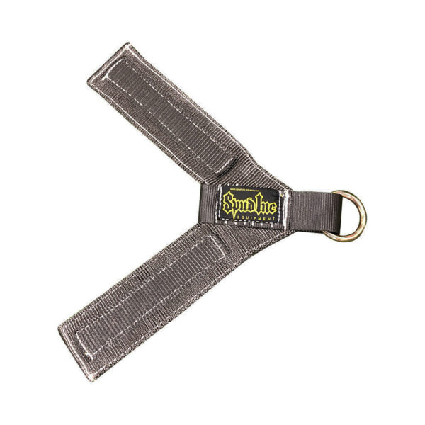 A gray weightlifting wrist strap with reinforced stitching features a metal ring and displays a yellow and black Spud Inc Track Harness logo.