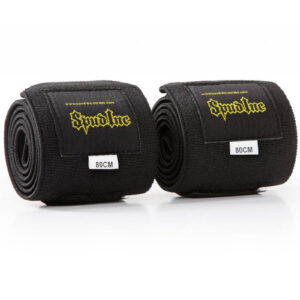 Two Spud Velcro Wrist Wraps in black feature yellow branding, 80CM labels, and a neatly rolled, compact design.