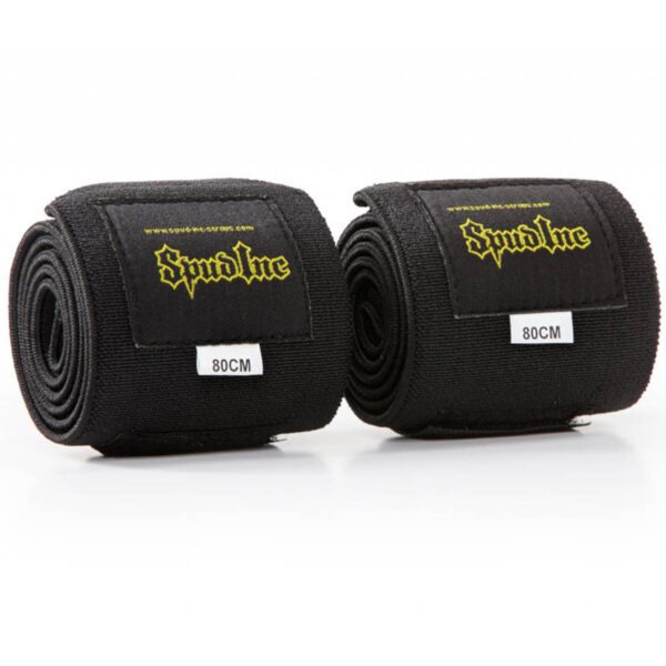 Two Spud Velcro Wrist Wraps in black feature yellow branding, 80CM labels, and a neatly rolled, compact design.