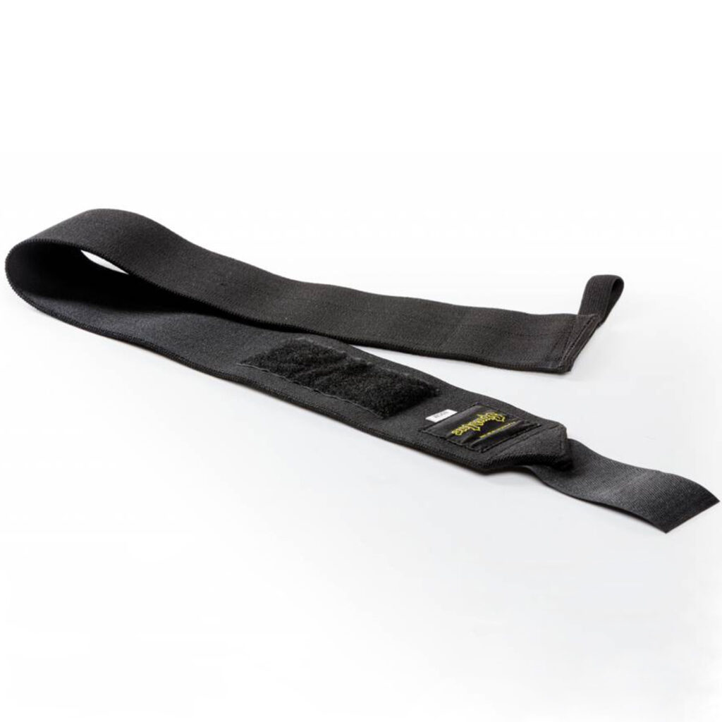 Black Spud Velcro Wrist Wraps, featuring a loop and velcro fastener, on a white background.