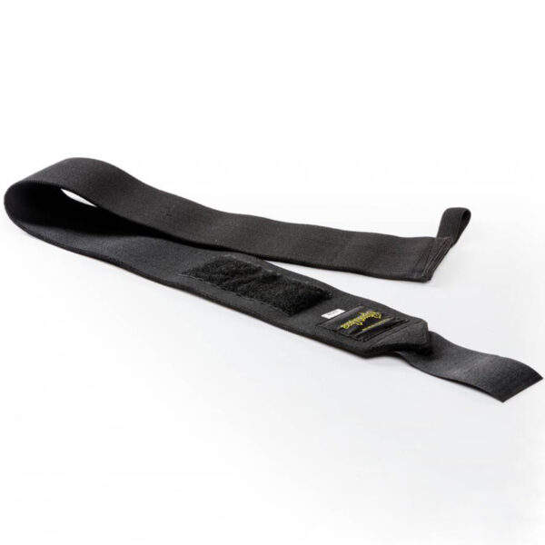 Black Spud Velcro Wrist Wraps, featuring a loop and velcro fastener, on a white background.