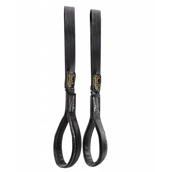 The Spud Inc Zercher Straps are black lifting straps featuring reinforced stitching and looped ends, ideal for weightlifting and strength training, with the brand logo displayed on a yellow label near the loops.