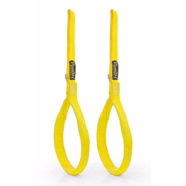 Two Spud Inc Zercher Straps with looped ends are placed upright side by side against a white background, each featuring a black tag with text at the top.