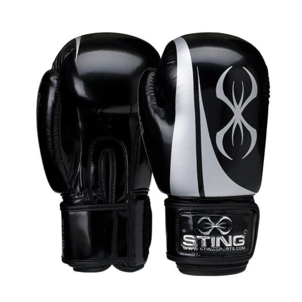 Black and white Sting Armalite Boxing Gloves feature a stylish abstract design and the Sting logo on the wrist strap.