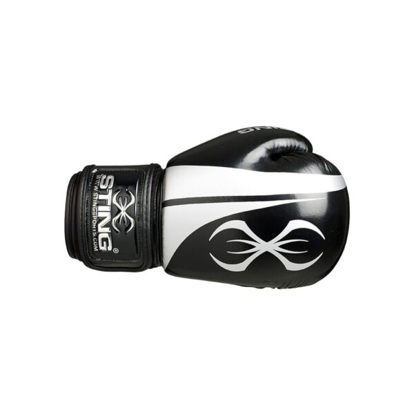 The Sting Armalite Boxing Gloves feature a black and white design with a symmetrical white pattern and STING printed on the wrist strap.