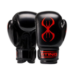 A pair of Sting Airweave Cotton Glove Midi Inner in black, featuring red spider-like designs with STING on the wrist straps. One glove stands upright while the other is tilted to reveal the palm side.