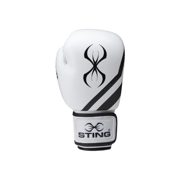The Sting Orion Training Gloves 16oz feature a sleek white design with black accents and a prominent logo, while the wrist strap boldly displays the brand name STING.