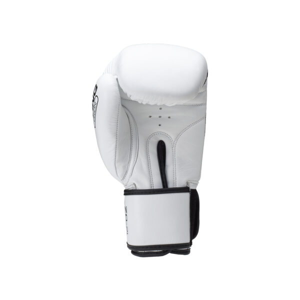 A Sting Orion Training Glove, 16oz, in white with a black strap is showcased upright on a plain background. It features black stitching and ventilation air holes, suitable for boxing or martial arts training.