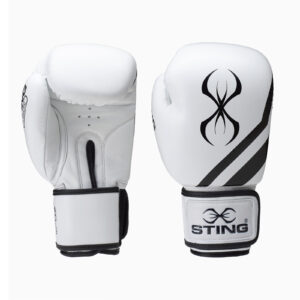 The Sting Orion Training Gloves 16oz are white boxing gloves with black tribal designs and an overlapping line logo. The right glove shows the back design, while the left displays the palm side, both labeled STING.