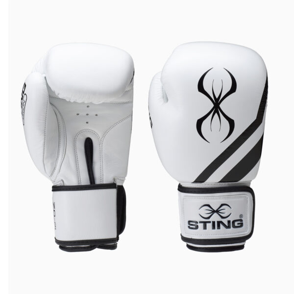 The Sting Orion Training Gloves 16oz are white boxing gloves with black tribal designs and an overlapping line logo. The right glove shows the back design, while the left displays the palm side, both labeled STING.
