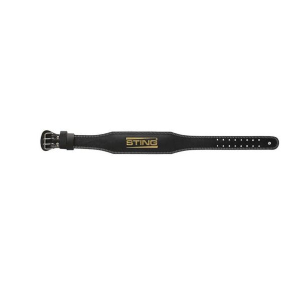 The Sting Eco 4 Leather Belt is a black leather weightlifting belt featuring a gold STING logo centered, a silver buckle, and multiple holes for size adjustment.
