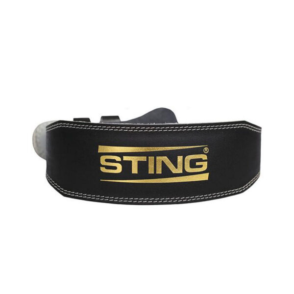 Sting Eco 4 Leather Belt: Black padded design with a central gold STING logo, reinforced edge stitching, and a buckle closure.