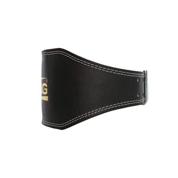 The Sting Eco 4 Leather Belt is a black leather weightlifting belt with a metallic buckle and white stitching, featuring a partially visible yellow logo on the left side.